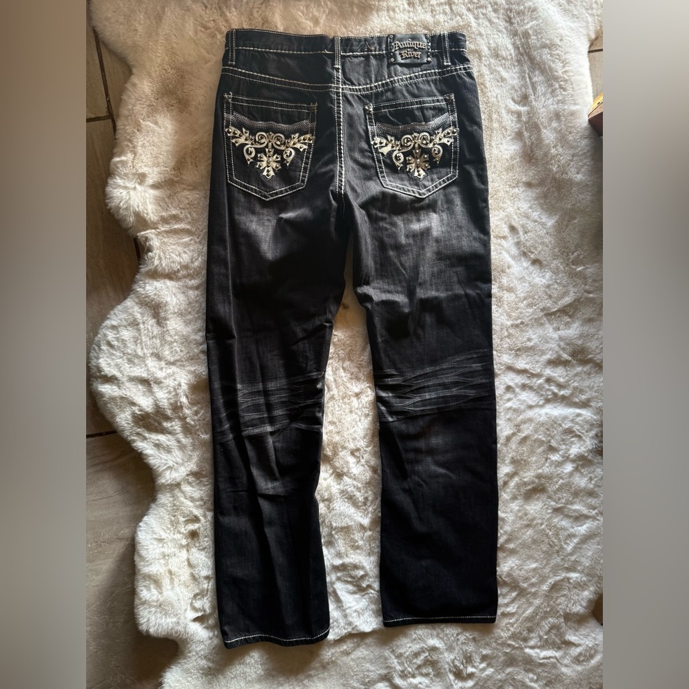 Antique Rivet Black Pants with Distressed Details and Slim Fit